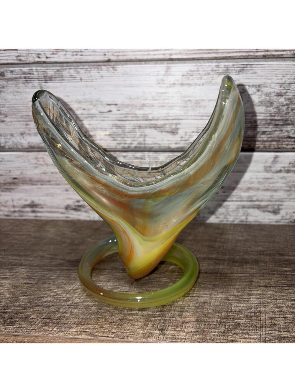 VTG Murano Hand Blown Glass Whale Tail Vase Orange Green Yellow Mid Century MCM